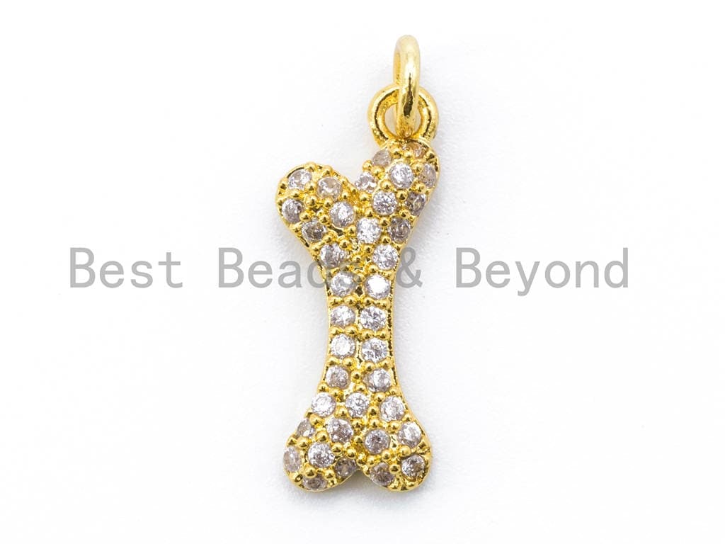 CZ Micro Pave Dog Bone Charm, Cubic Zirconia Pave Bracelet Charm, Gold/Silver/Gunmetal/Rose Gold Plated, 8x22mm, Sku#F165