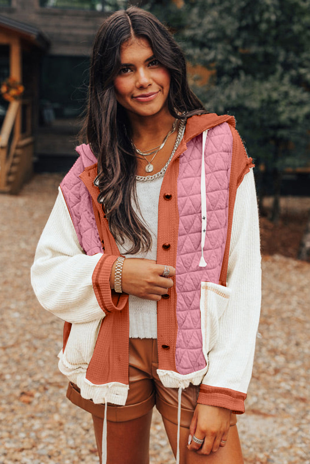 Jungle Green Quilted Textured Patchwork Loose Fit Hooded Jacket
