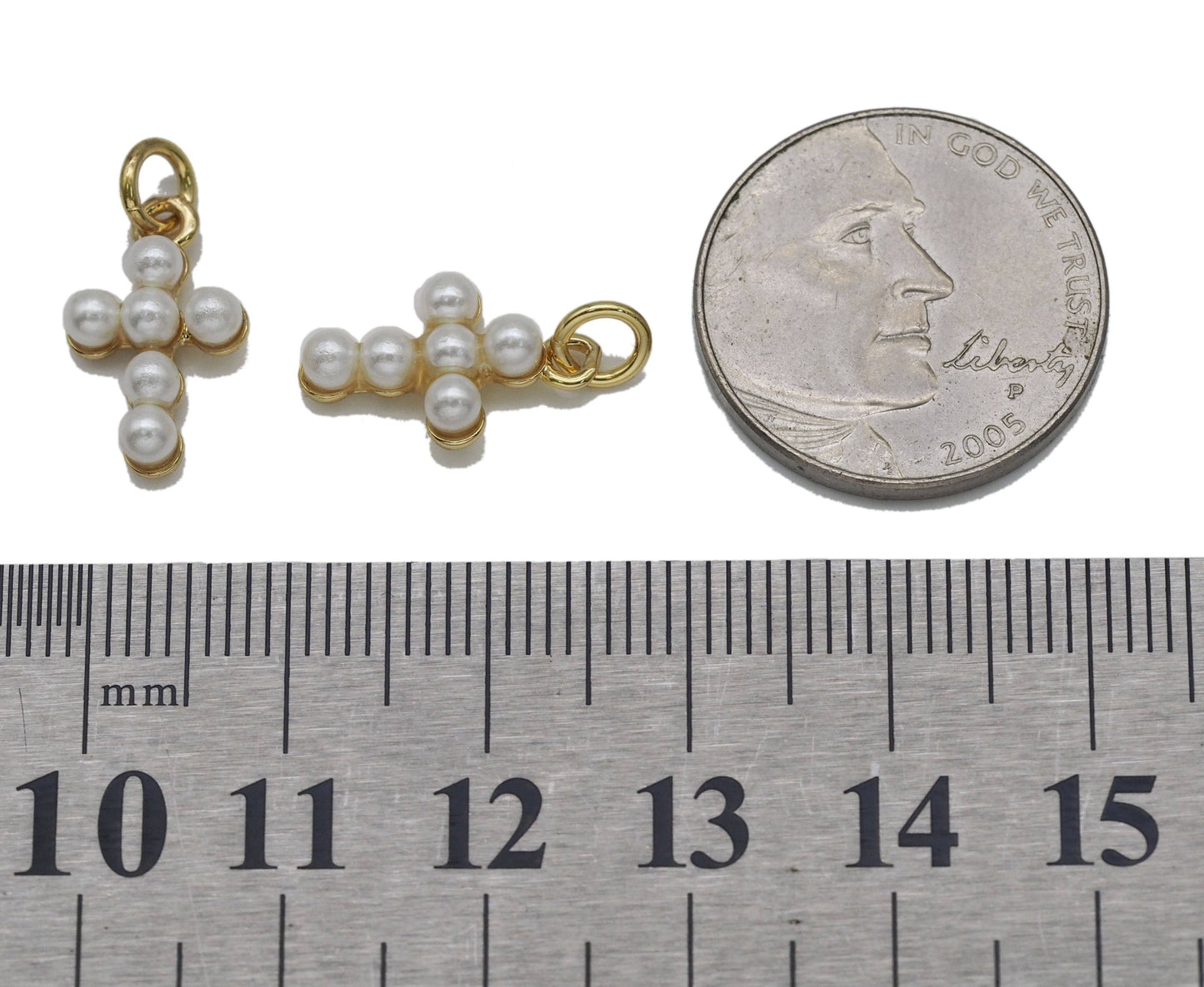 Cute Gold CZ Pearl Cross Charm, Sku#LD341