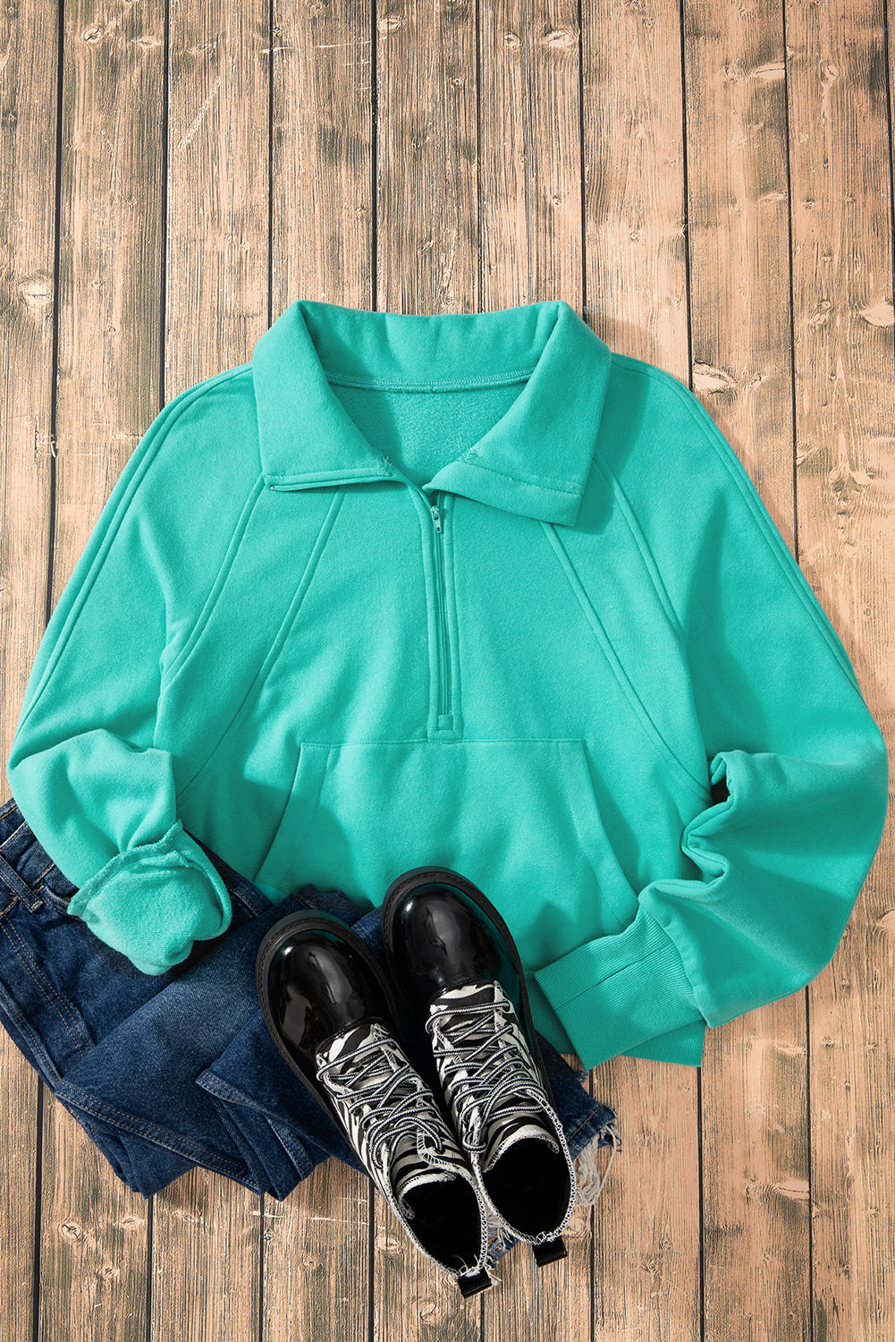 Brown Fleece Lined Zip Up Stand Collar Thumbhole Sleeve Sweatshirt