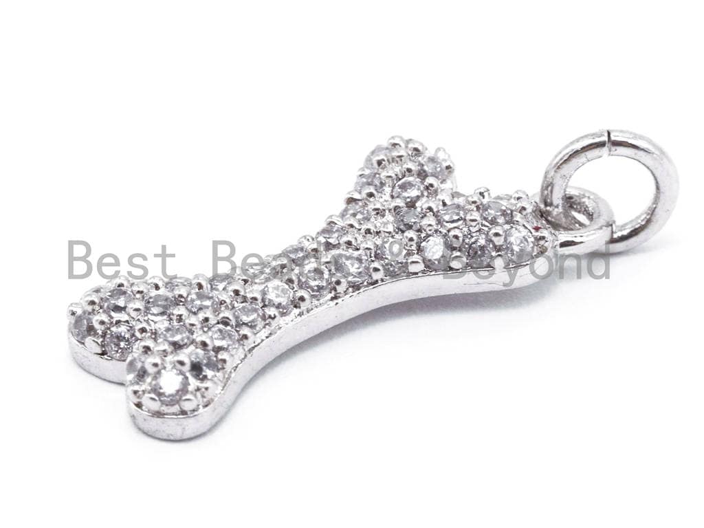 CZ Micro Pave Dog Bone Charm, Cubic Zirconia Pave Bracelet Charm, Gold/Silver/Gunmetal/Rose Gold Plated, 8x22mm, Sku#F165