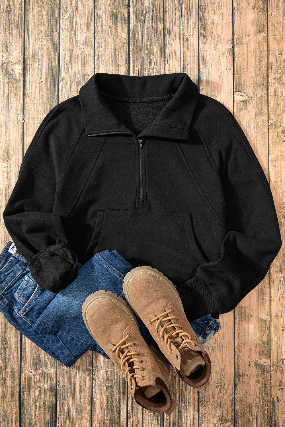 Brown Fleece Lined Zip Up Stand Collar Thumbhole Sleeve Sweatshirt