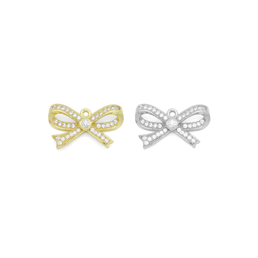 Clear CZ Gold Silver Bow Charm Pendant, Sku#A314