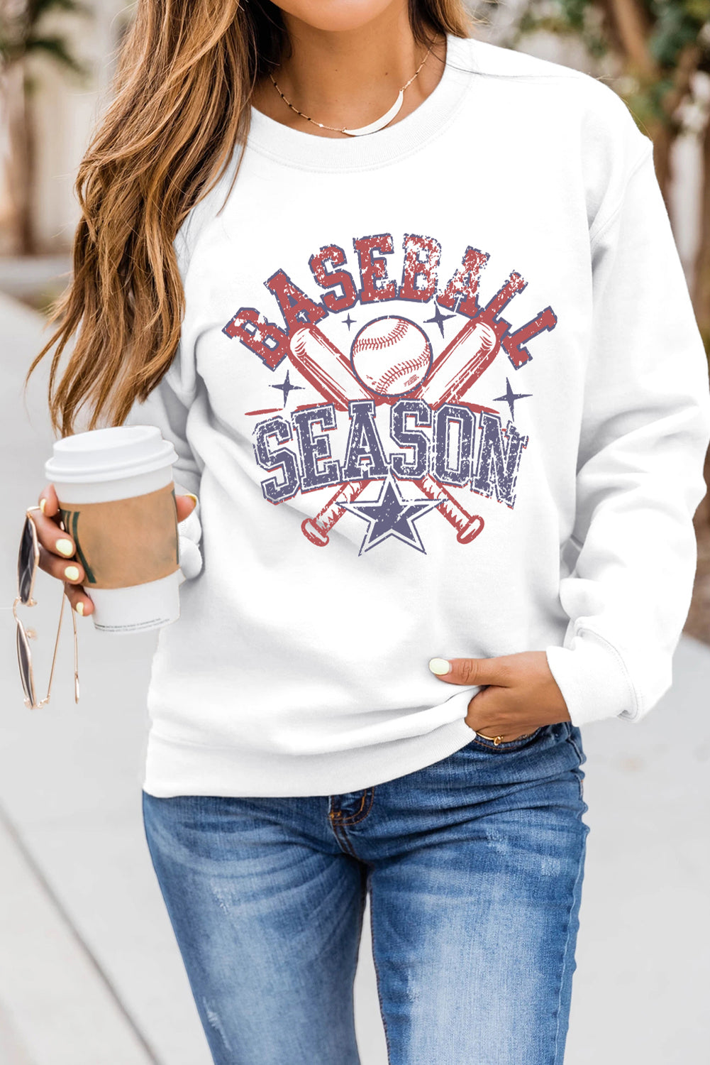 White BASEBALL SEASON Vintage Print Graphic Sweatshirt