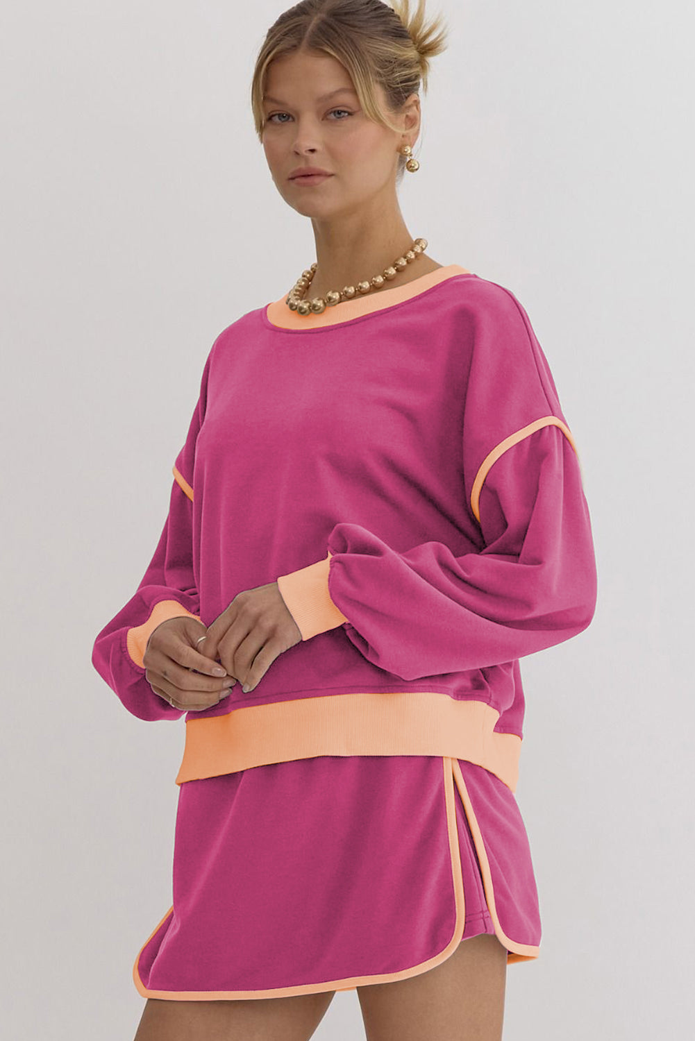 Color Contrast Loose Pullover and Lace-up Waist Skort Set