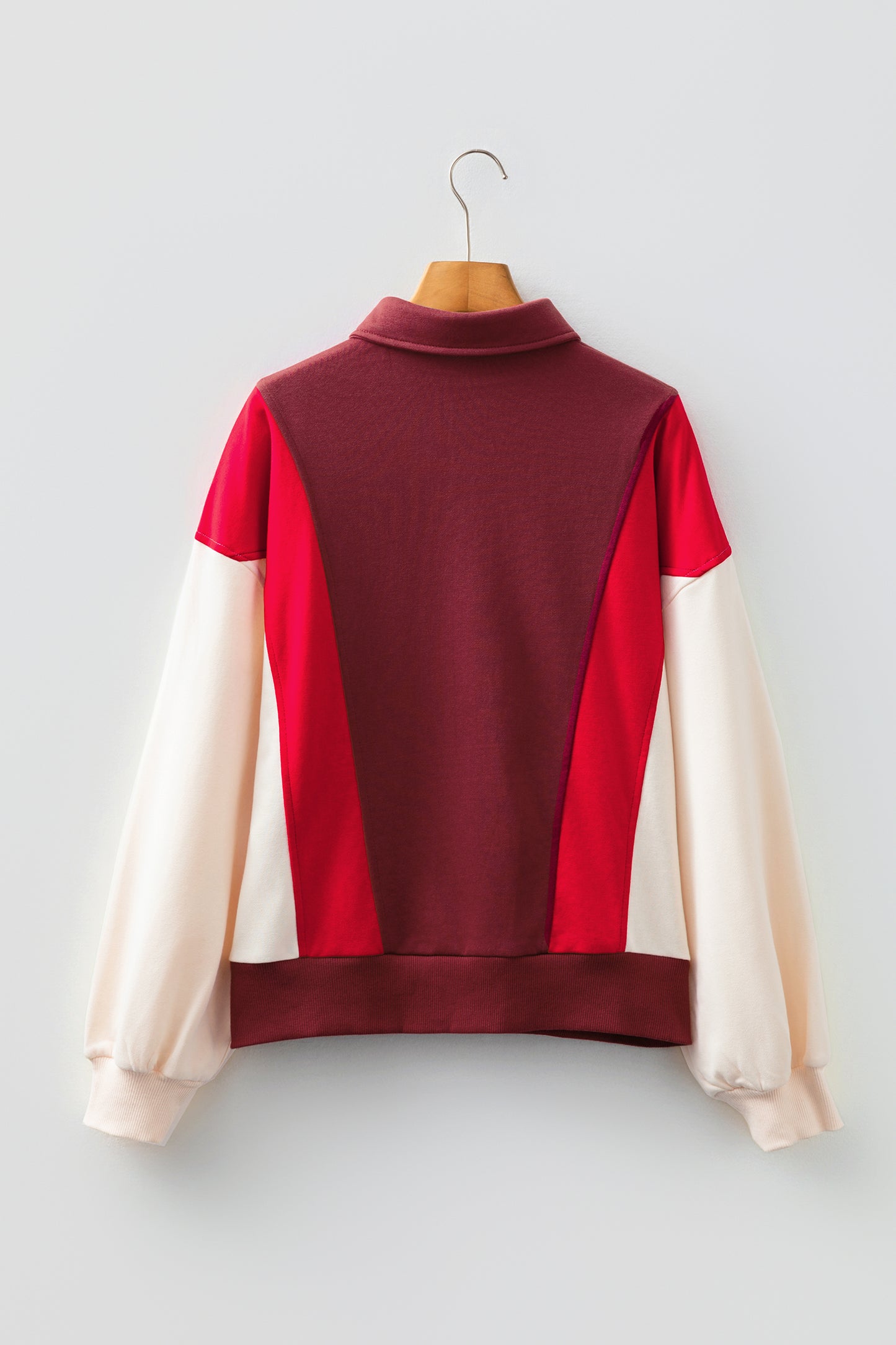 Fiery Red Color Block Patchwork Snap Button Polo Sweatshirt