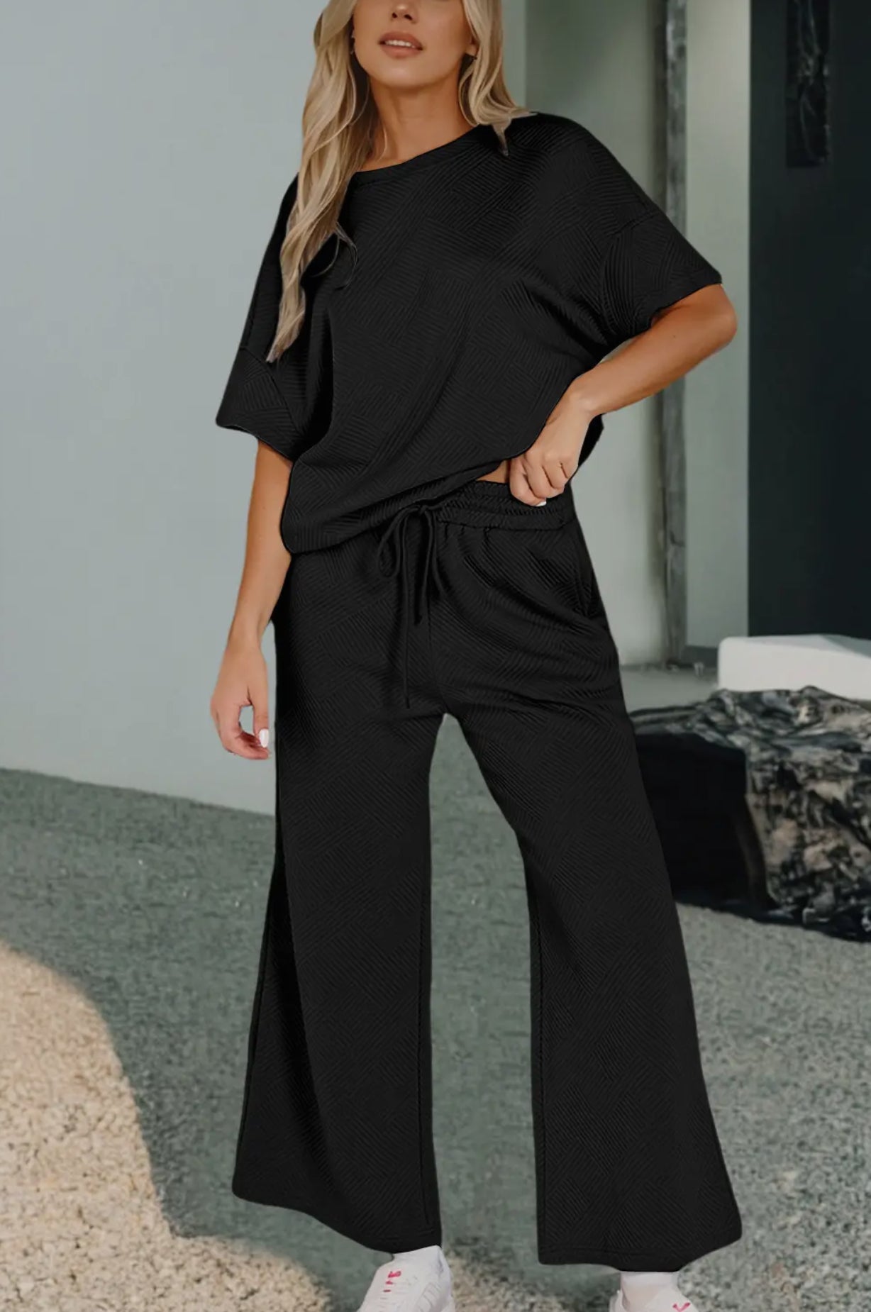 Two piece textured t shirt and pants set