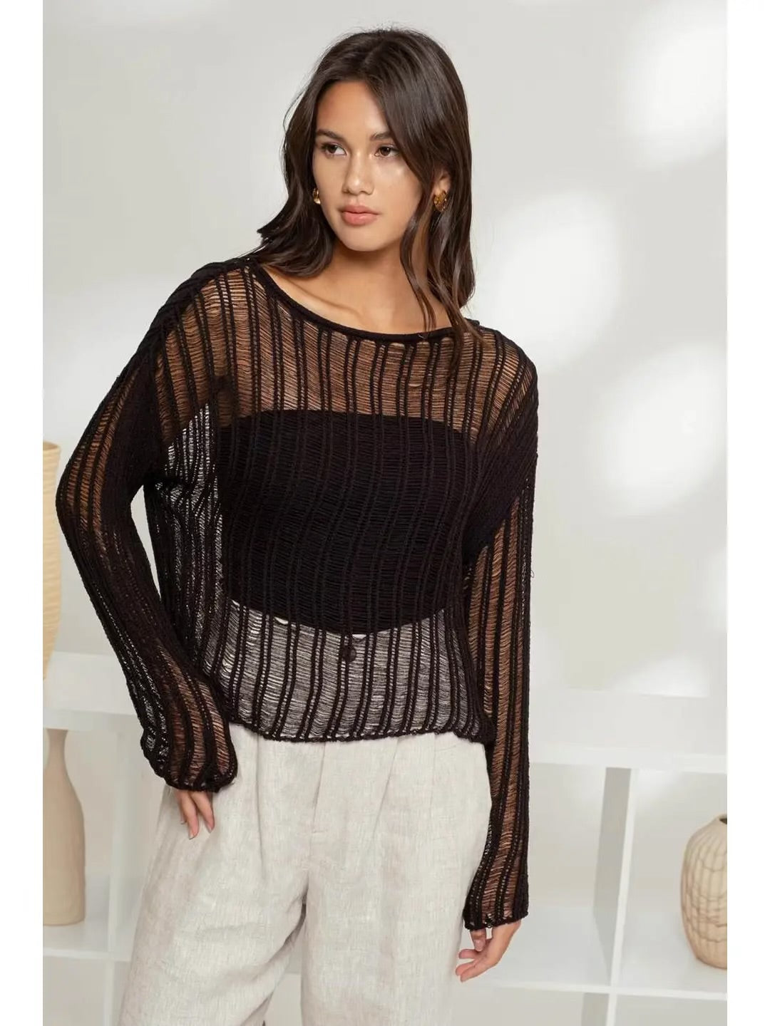 Sheer Crochet Ladder Knit Pullover Sweater