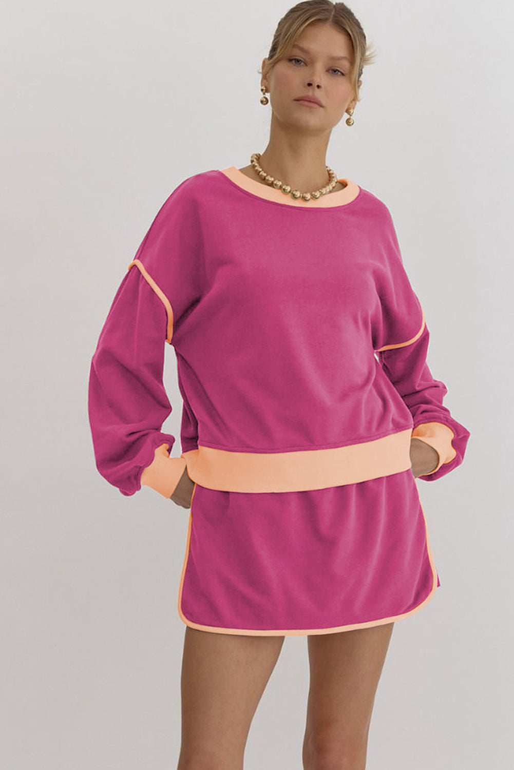 Color Contrast Loose Pullover and Lace-up Waist Skort Set
