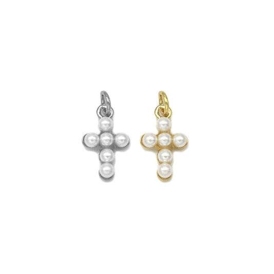 Cute Gold CZ Pearl Cross Charm, Sku#LD341