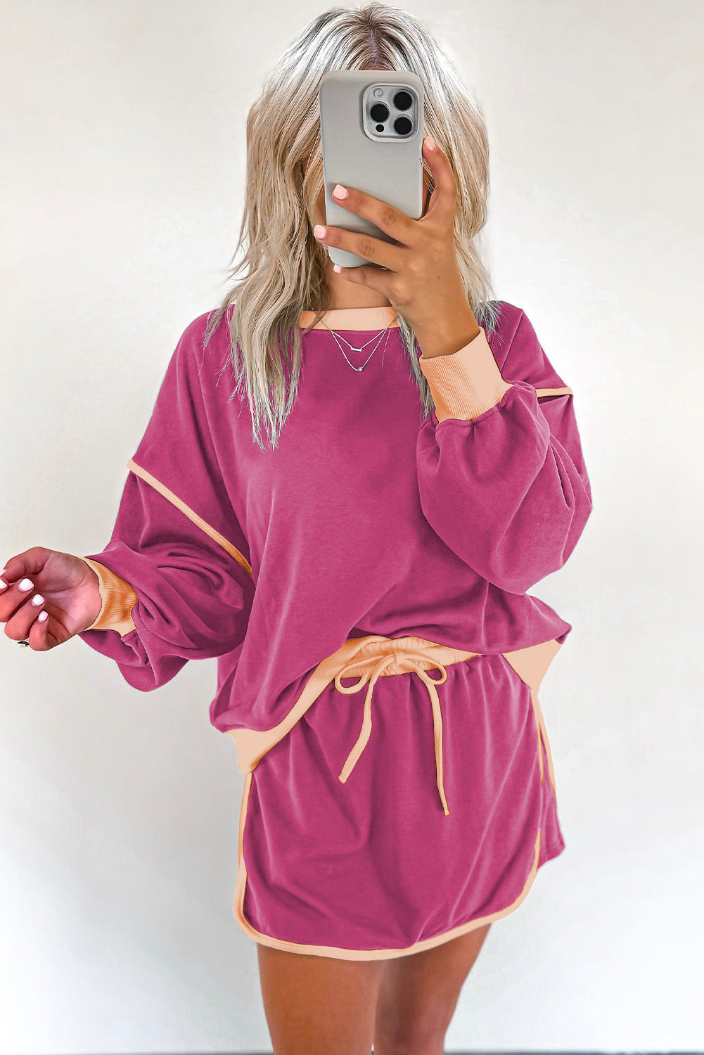 Color Contrast Loose Pullover and Lace-up Waist Skort Set